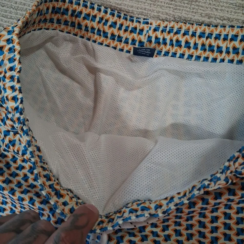 George Mens Swim Trunks L 36 38 Blue Orange Geometric Shorts Mesh Liner Quick...